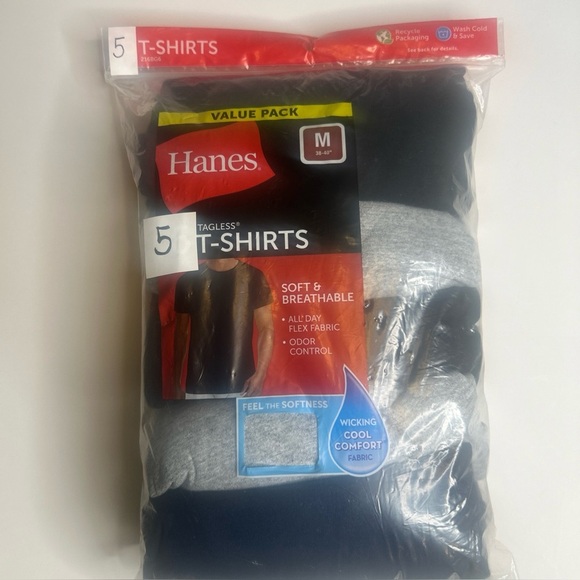 Hanes Tagless 5 Pack Men’s Moisture Wicking Crewneck Tees Black, Gray. Blue - Picture 2 of 4